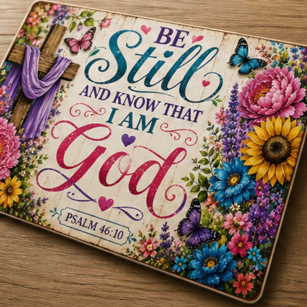 A rectangular decorative sign with a Bible verse from Psalm 46:10, featuring colorful floral illustrations and butterflies around the text 'BE Still AND KNOW THAT I AM God.' The sign is photographed on a wooden surface.
