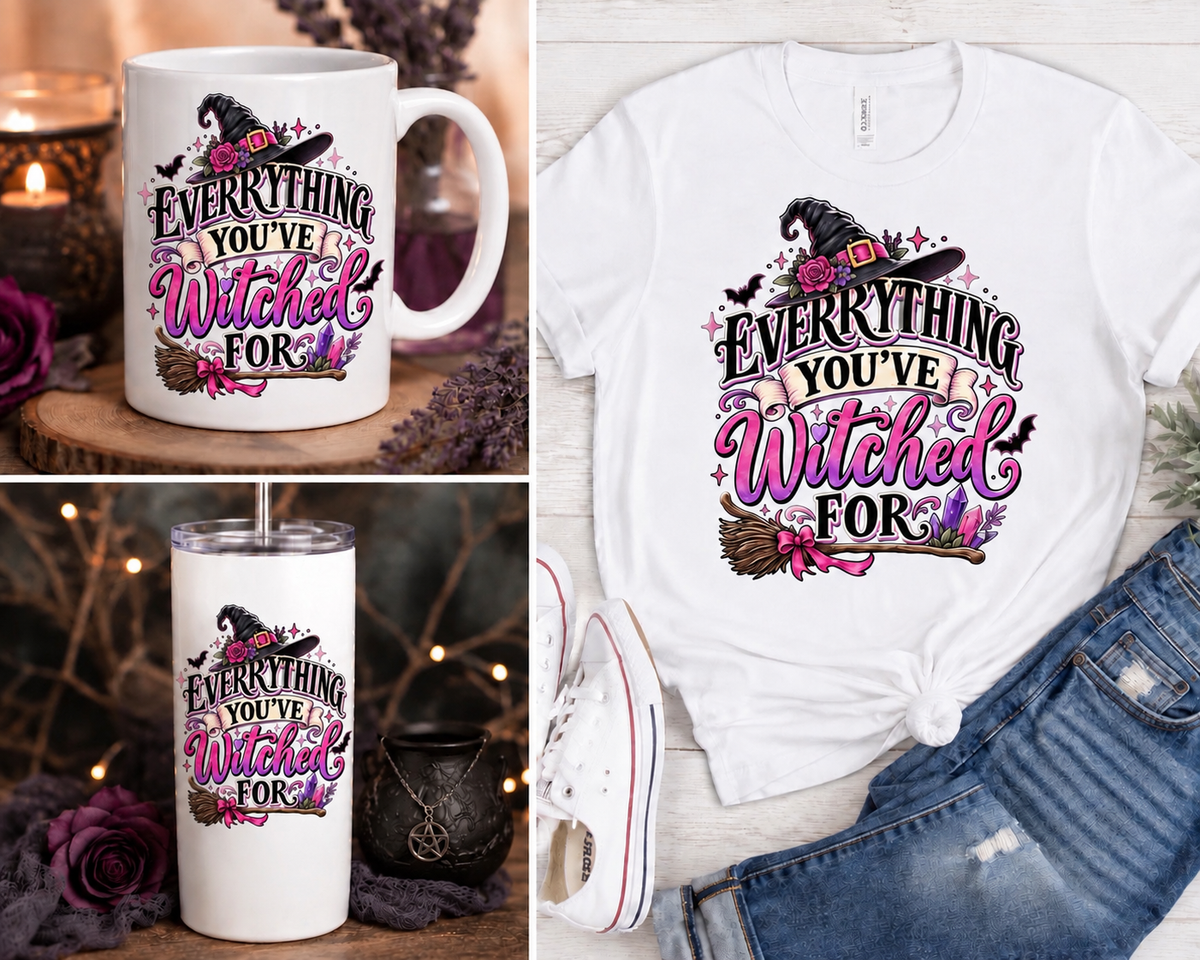 Everything You've Witched For design on mug, tumbler, and white shirt