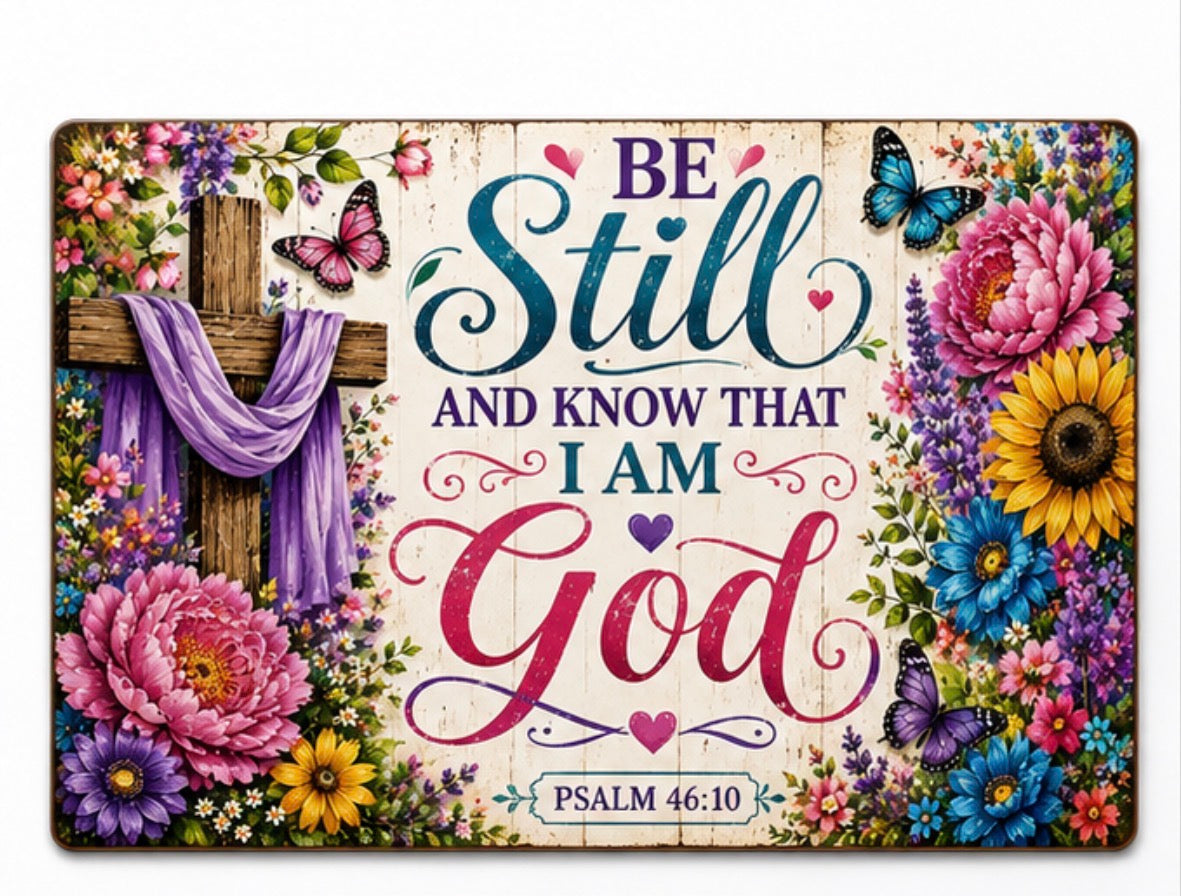 A decorative wall sign with the phrase “BE Still AND KNOW THAT I AM God” and “PSALM 46:10,” surrounded by colorful flowers, a wooden cross with a draped purple cloth, and butterflies. The sign is shown on a white background with a pink label below reading “1.