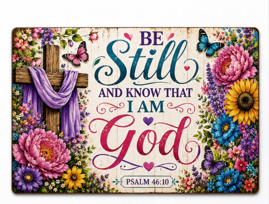 A decorative wall sign with the phrase “BE Still AND KNOW THAT I AM God” and “PSALM 46:10,” surrounded by colorful flowers, a wooden cross with a draped purple cloth, and butterflies. The sign is shown on a white background with a pink label below reading “1.