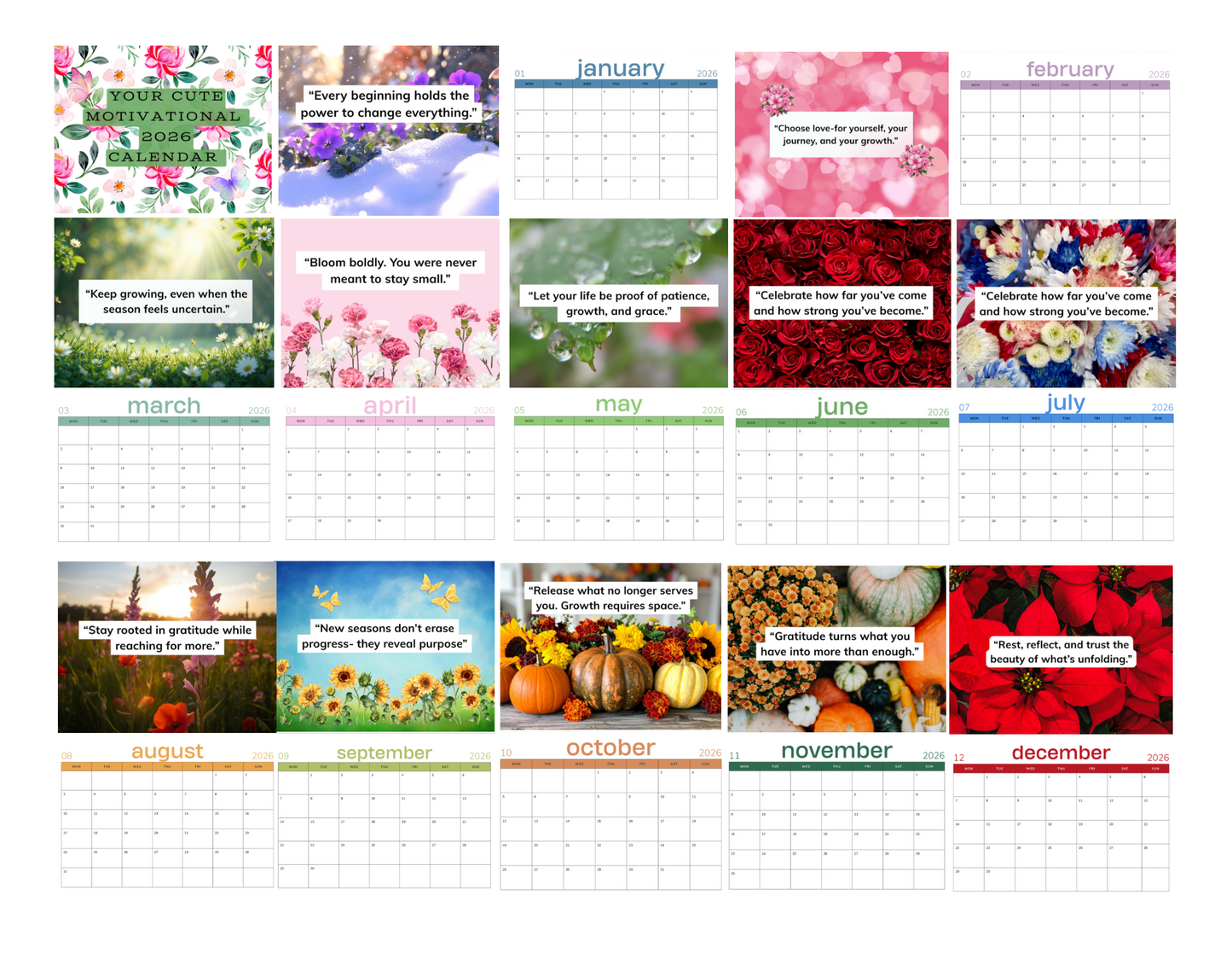 2026 Inspirational Wall Calendar (Minimal Monthly + Floral Quote Pages)
