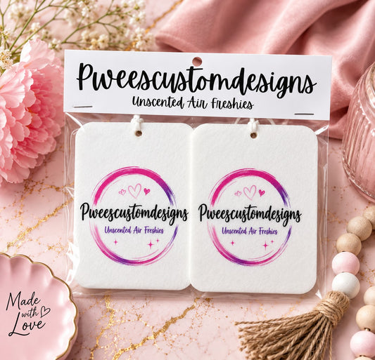 Pweescustomdesigns unscented air fresheners on a decorative background with flowers and beads.