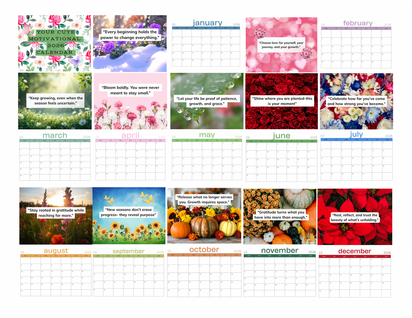 2026 Inspirational Wall Calendar (Minimal Monthly + Floral Quote Pages)