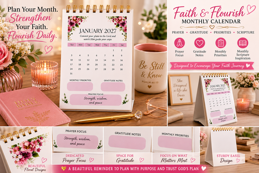 Collage of a Faith & Flourish monthly calendar with floral designs and inspirational text.