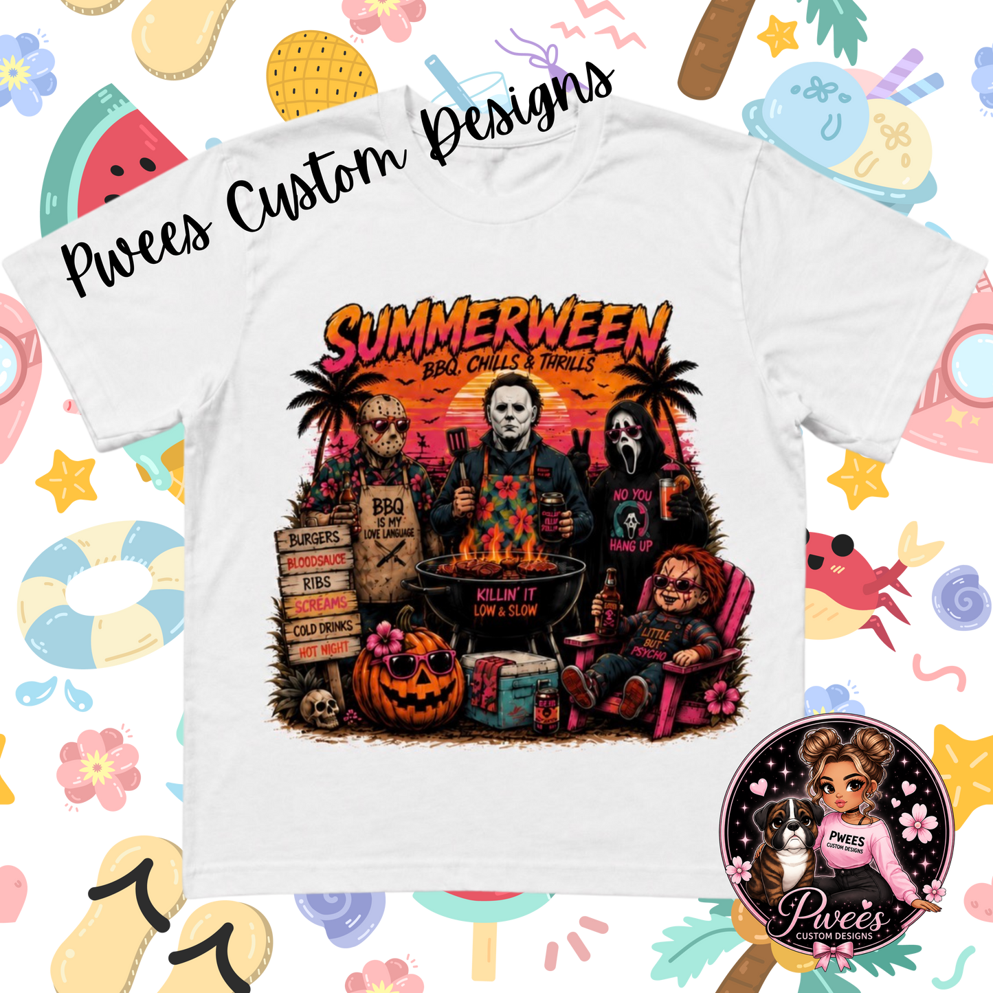 Summerween BBQ, Chills & Thrills Horror Graphic T-Shirt | Funny Halloween Summer Shirt | Horror Movie Fan Tee | Unisex Graphic Tee