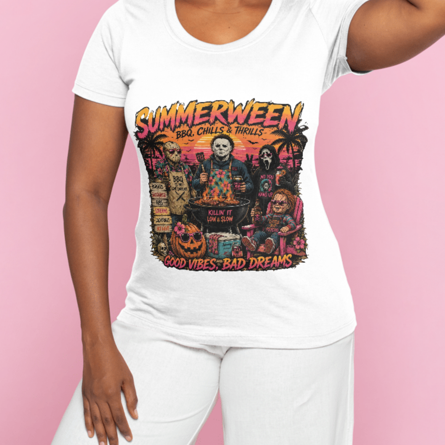 Summerween BBQ, Chills & Thrills Horror Graphic T-Shirt | Funny Halloween Summer Shirt | Horror Movie Fan Tee | Unisex Graphic Tee