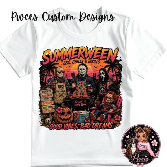 Summerween BBQ, Chills & Thrills Horror Graphic T-Shirt | Funny Halloween Summer Shirt | Horror Movie Fan Tee | Unisex Graphic Tee