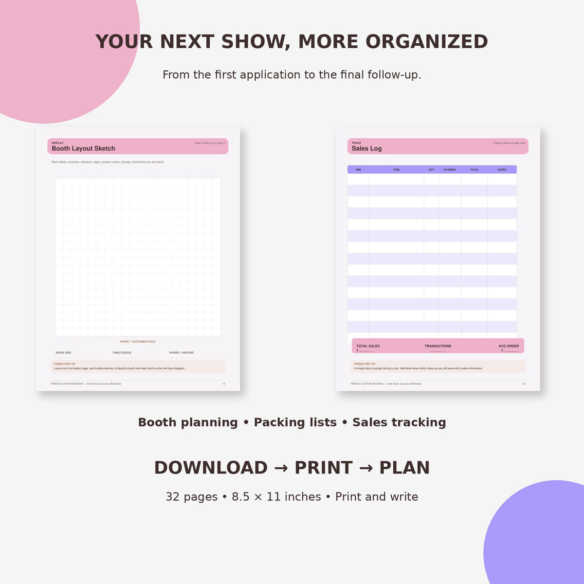 Promotional graphic for a printable booth planning and sales tracking template. The image shows two sample pages: a 'Booth Layout Sketch' with a pink header and a blank grid, and a 'Date Log' with a purple header and table.