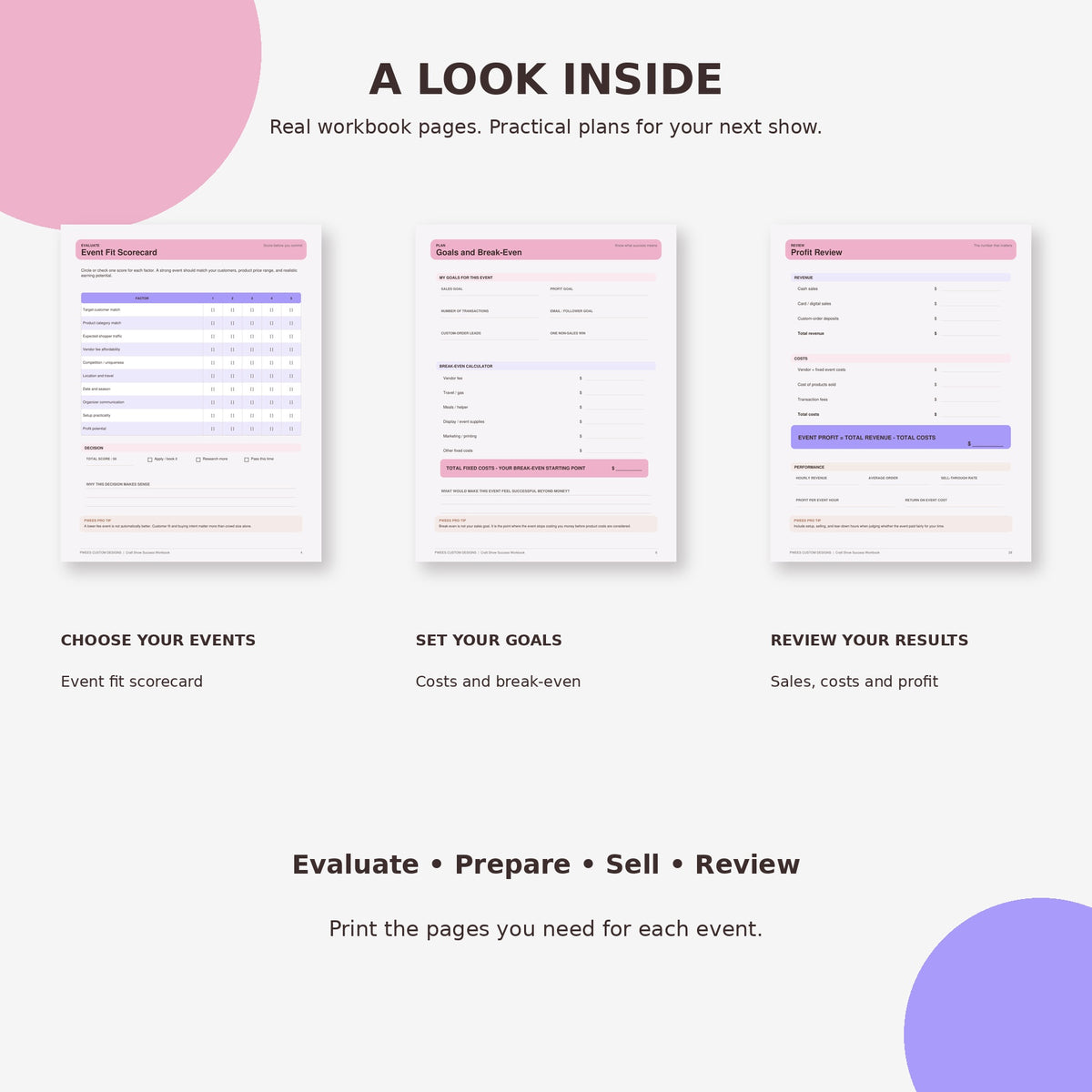 Promotional graphic for an event planning workbook, showing three sample interior page layouts with pink headers and tables on a light gray background with decorative pink and purple shapes. Text reads 'A LOOK INSIDE' and lists activities like choosing events, setting goals, and reviewing results.