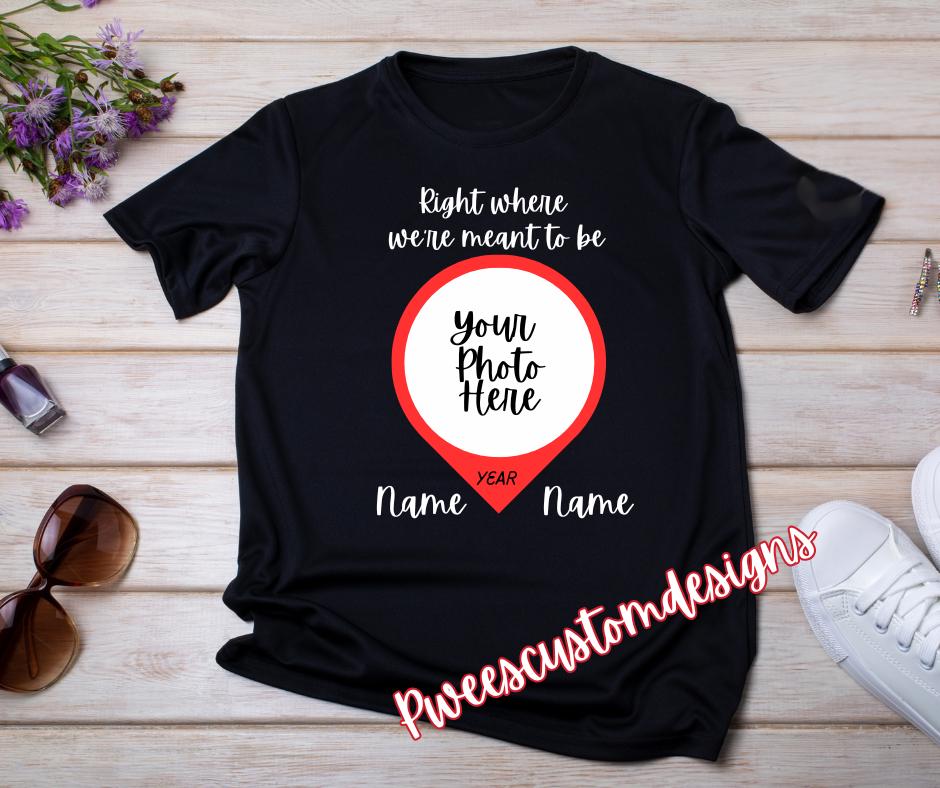 Black t-shirt with customizable photo and text design on a wooden surface with accessories.