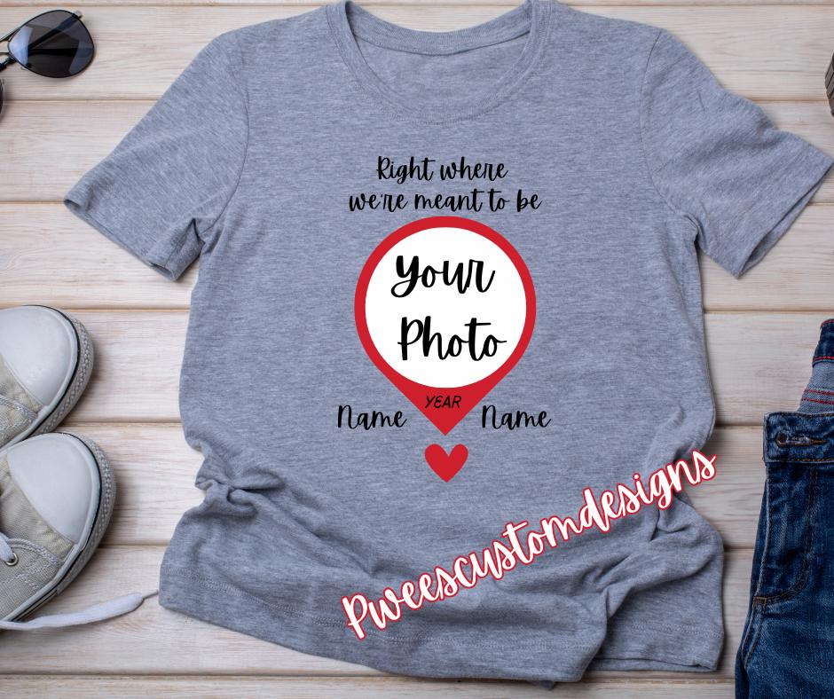 Gray t-shirt with customizable photo and text design on a wooden surface with shoes and jeans.