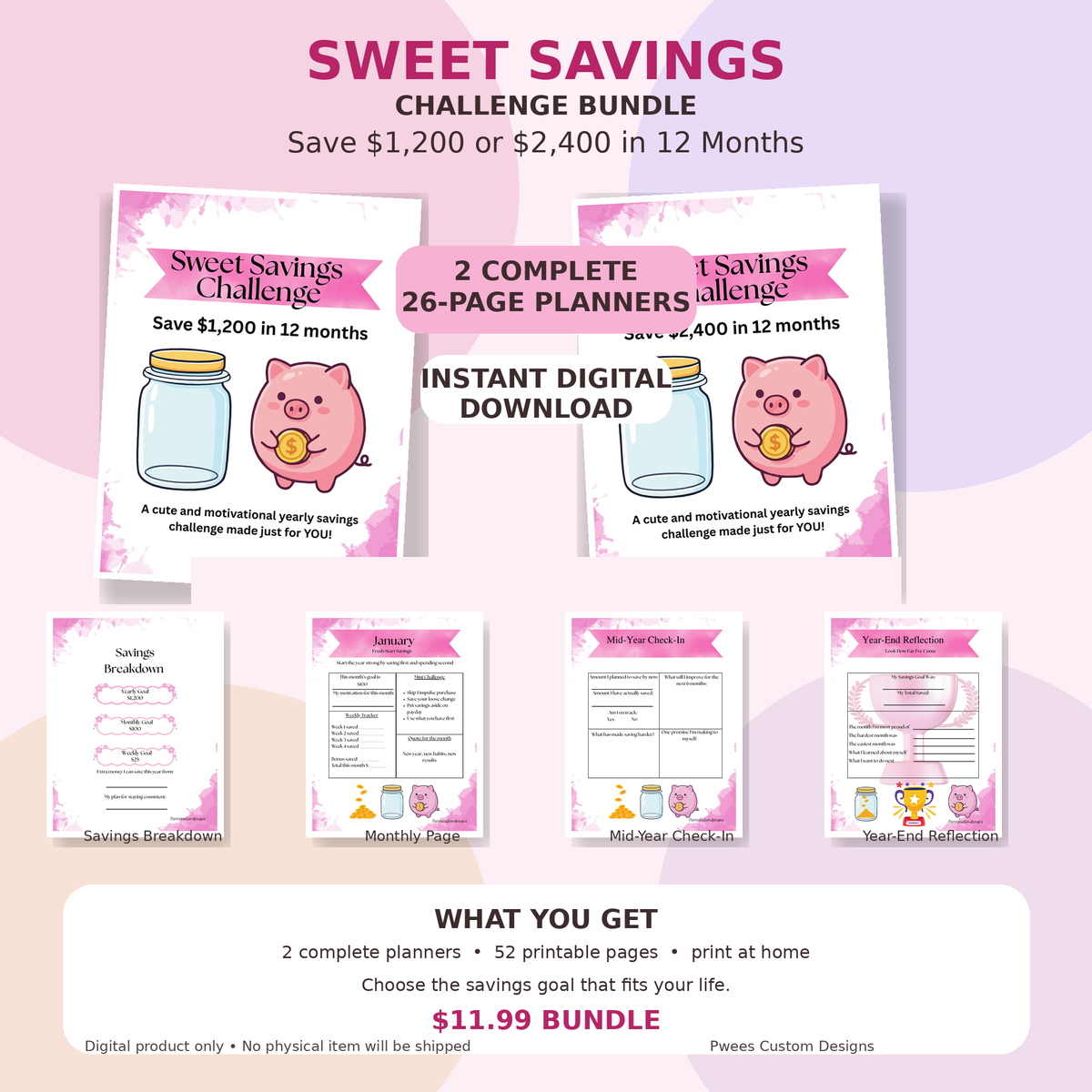 Sweet Savings Challenge $1,200 and $2,400 printable planner bundle with real interior page previews